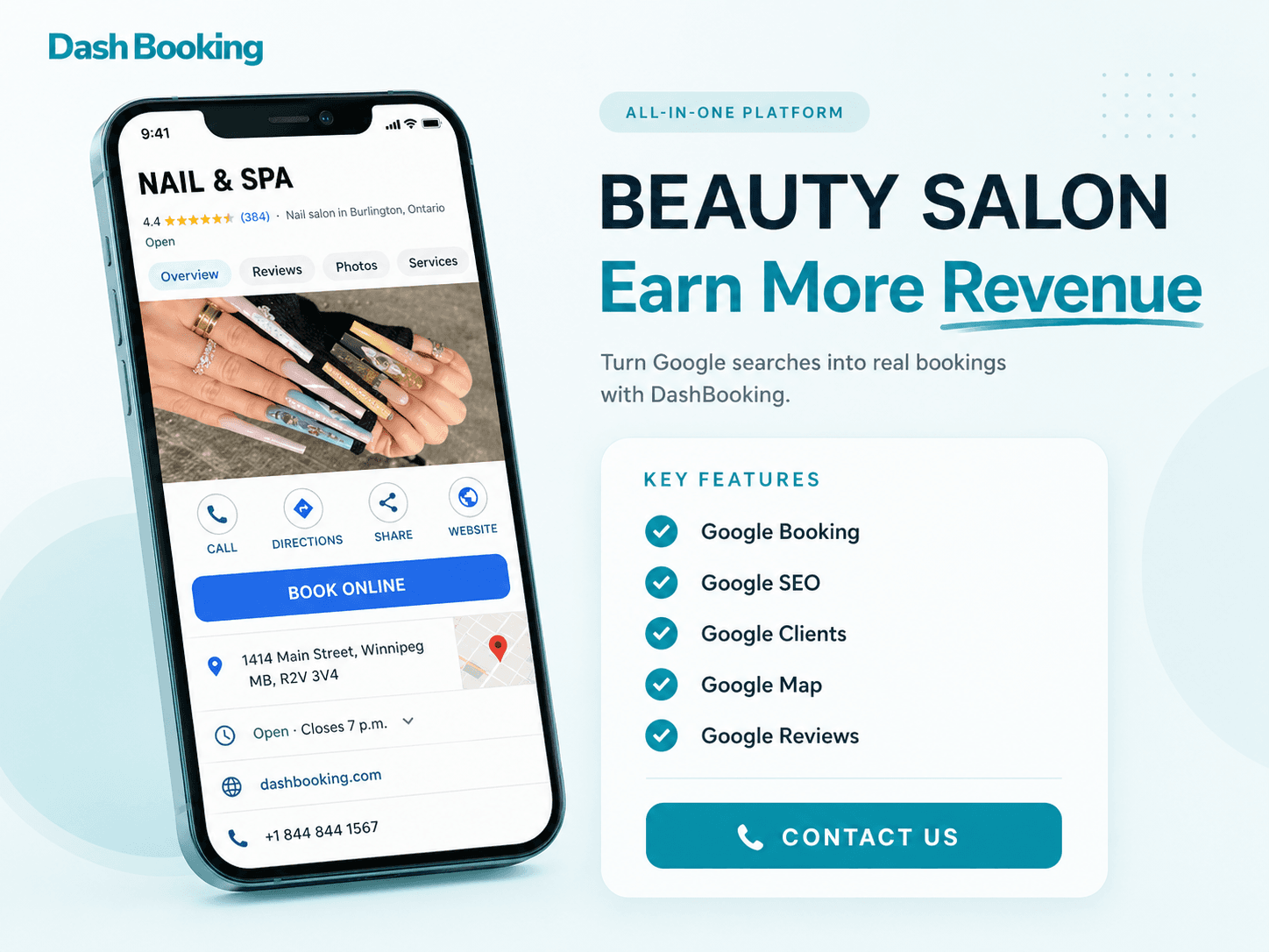 Hình điện thoại hiển thị trang salon Dash Booking và tính năng đặt lịch